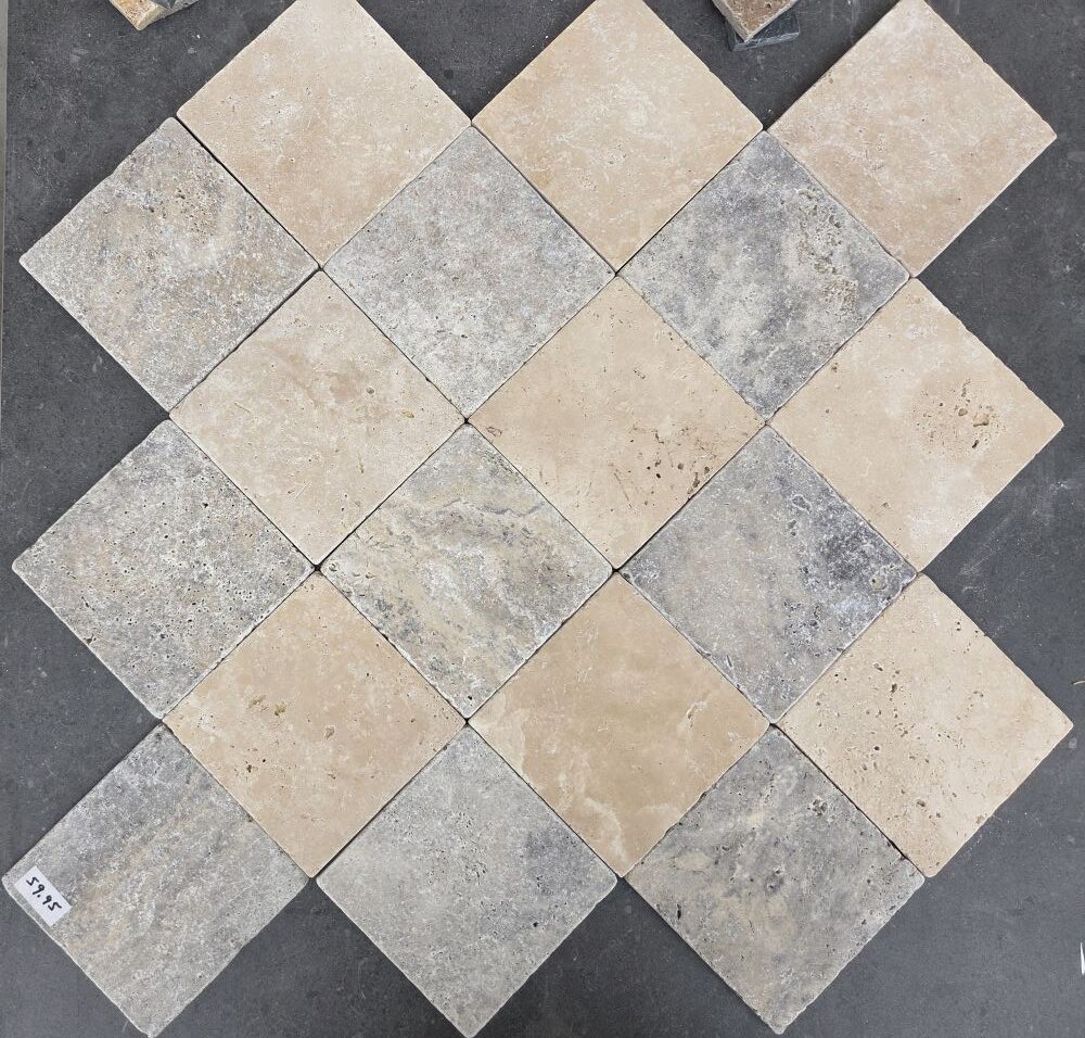 Travertin anticato beige en grijs 15x15x1 vloer/wandtegel