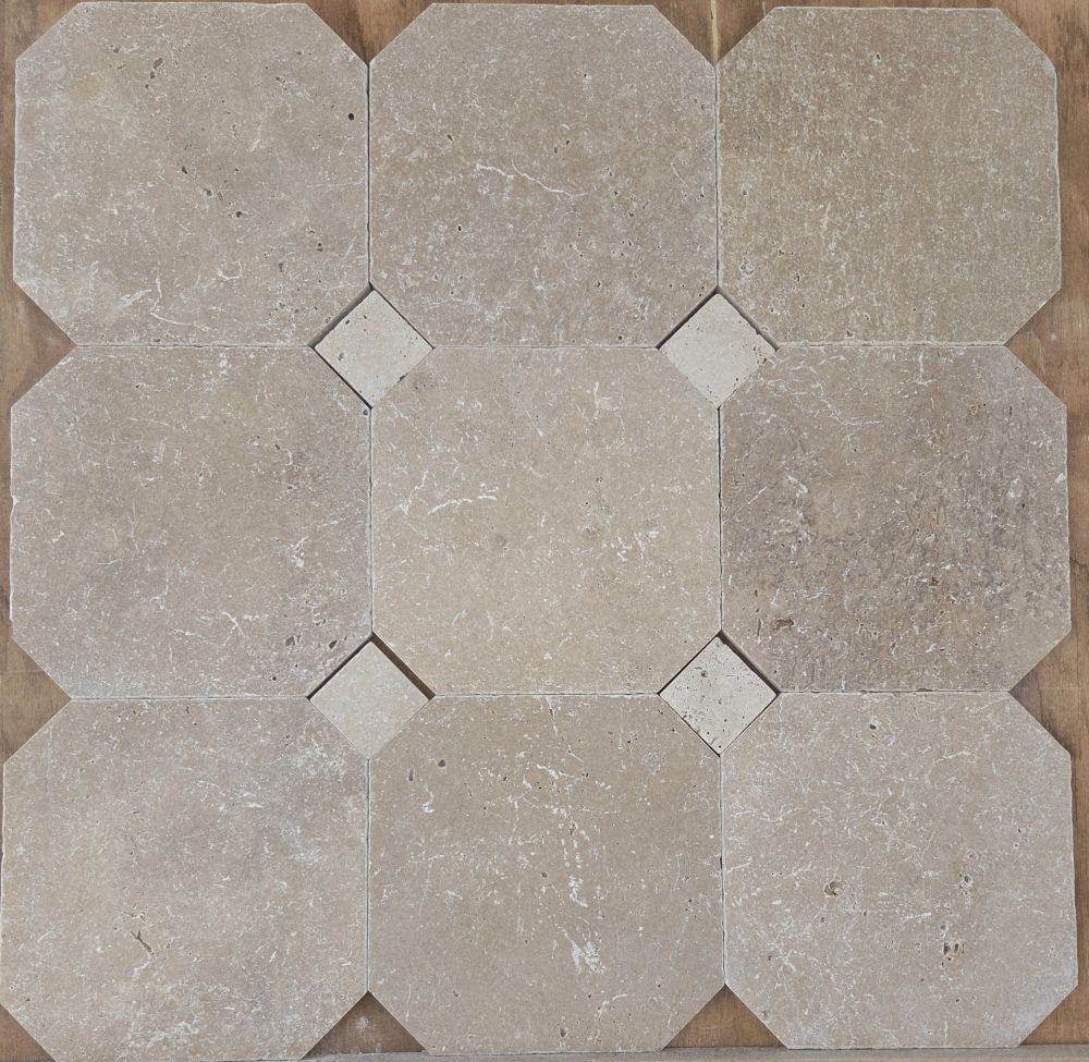 Bruin travertin 20x20x1 / 4.8x4.8x1 octagon vloer/wandtegel - Afbeelding 2